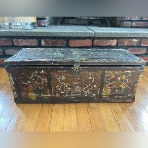 Antique Wooden Hand-Painted Chest Dowry, Marriage Box, Rustic
